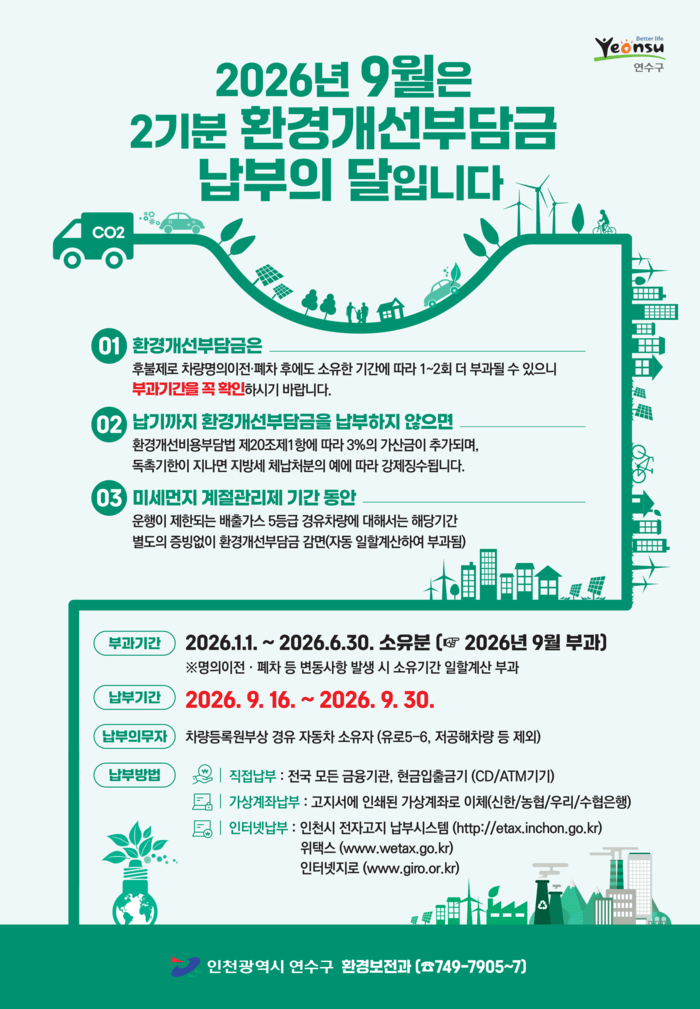 연수구, 2026년 2기분 환경개선부담금 부과 (사진 제공: 연수구청)